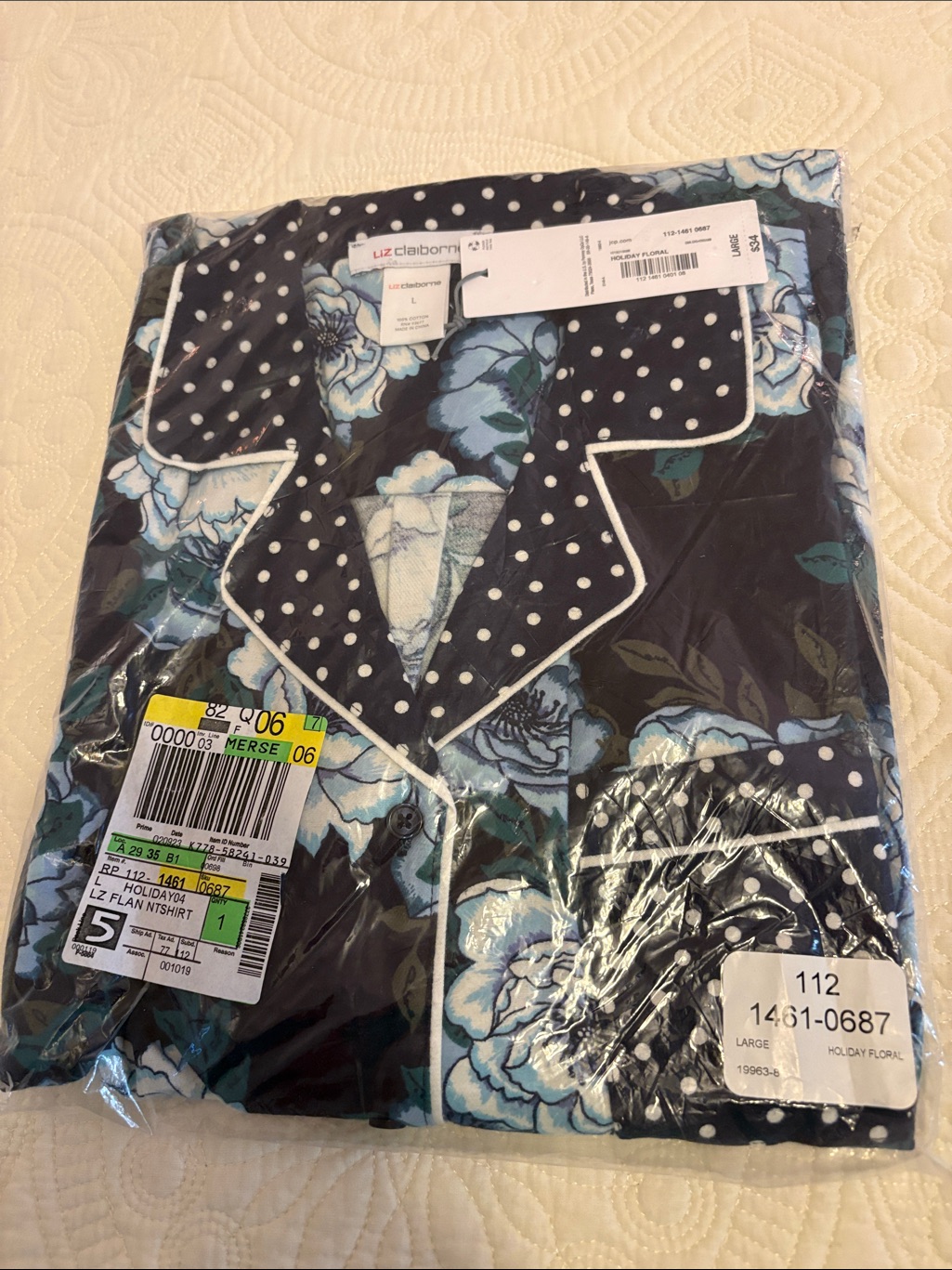 Liz Claiborne Navy And Light Blue Floral Cotton Button-Up Sleep Shirt